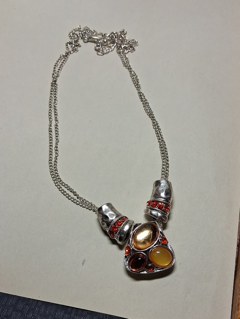 Silver-Tone Multi-Stone Pendant Necklace with Amber and Red Accents